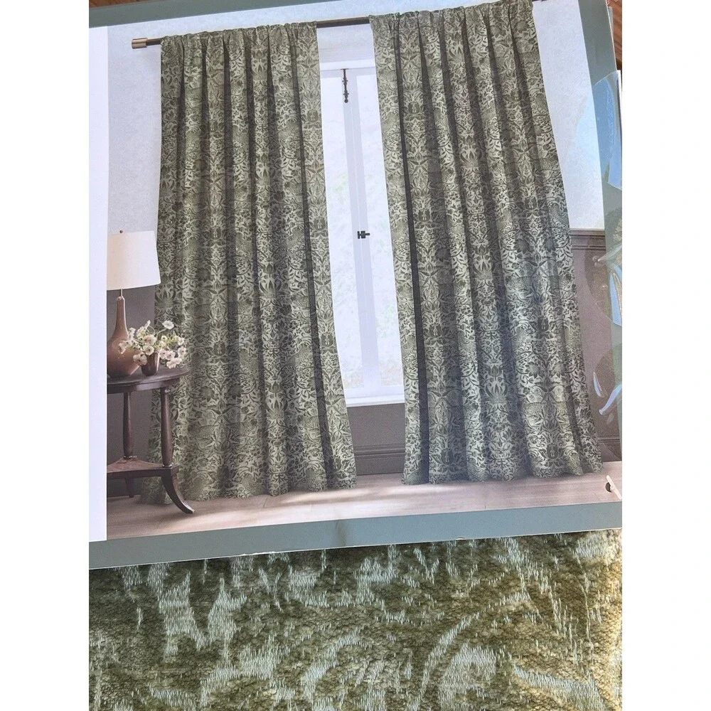 William Morris Window Curtains Panels 38X96 Strawberry Thief Green Embossed New
